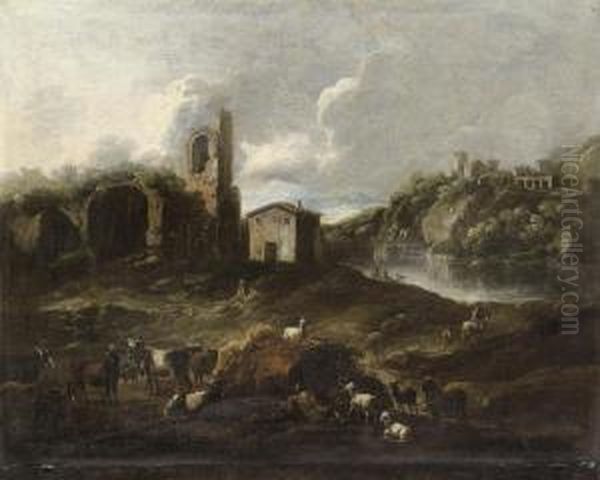 Paesaggio Con Animali E Pastori Oil Painting by Gaetano De Rosa