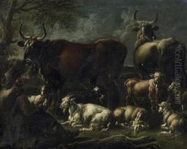 Shepherd With Goats, Sheep And Bullocks Oil Painting by Gaetano De Rosa