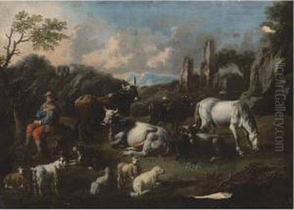 Italianate Landscape With A Herdsman Surrounded By His Cattle Oil Painting by Gaetano De Rosa