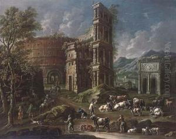 A Mountainous Landscape With 
Herdsmen And Travellers With A Capriccio Of The Colosseum And Other 
Ruins Oil Painting by Gaetano De Rosa