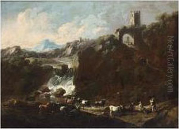 An Italianate Rocky River Landscape With A Waterfall And Cowherds With Their Herd Oil Painting by Gaetano De Rosa