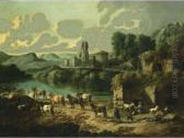 An Italianate River Landscape 
With Shepherds And Their Flock Resting, The Ruins Of A Town Beyond Oil Painting by Gaetano De Rosa