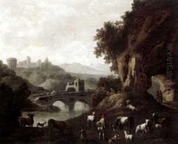 Mountainous Landscape With A Drover Guarding His Goats Oil Painting by Gaetano De Rosa