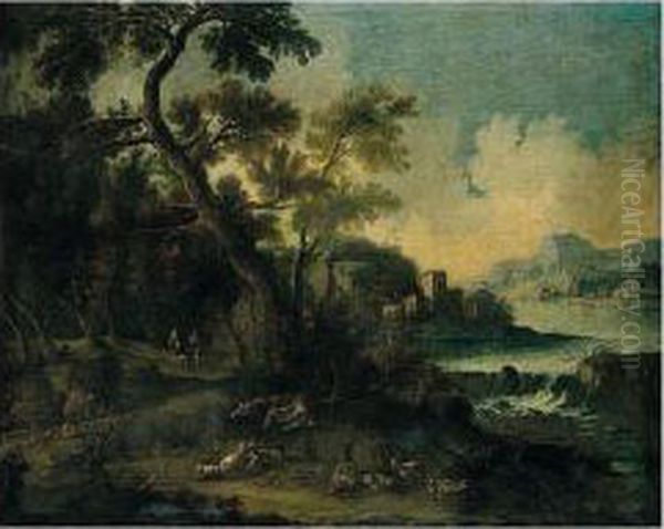 River Landscape With Shepherds And Their Flocks Resting Beside A Track Oil Painting by Gaetano De Rosa