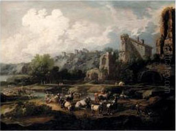 An Italian River Landscape With Drovers And Their Animals, A Town Beyond Oil Painting by Gaetano De Rosa