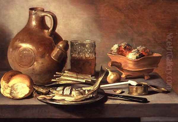 Still Life with Jug, Herring and Smoking Requisites, 1644 Oil Painting by Pieter Claesz.