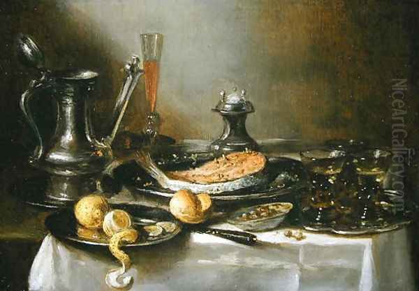 Still life with salmon and lemons, c.1658 Oil Painting by Pieter Claesz.