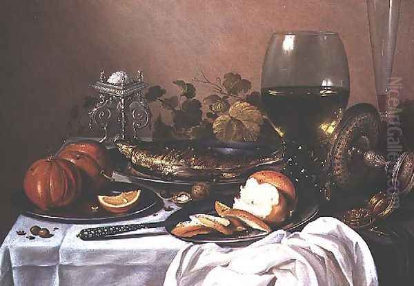 Still life with mackerel, pumpkin and bread Oil Painting by Pieter Claesz.