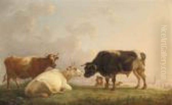 A Shepherd With His Cattle, A Village Beyond Oil Painting by Jean-Baptiste De Roy