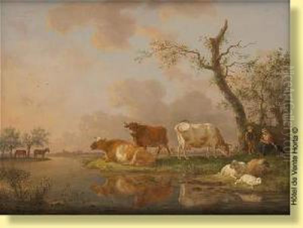 Conversation De Bergers En Bord De Riviere Oil Painting by Jean-Baptiste De Roy