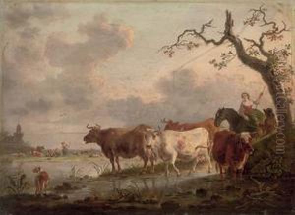 An Extensive Landscape With Herdsmen And Cattle Watering At A Stream Oil Painting by Jean-Baptiste De Roy