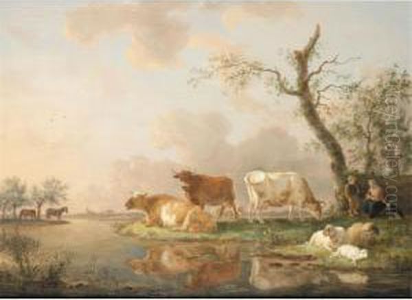 A River Landscape With Cattle Oil Painting by Jean-Baptiste De Roy