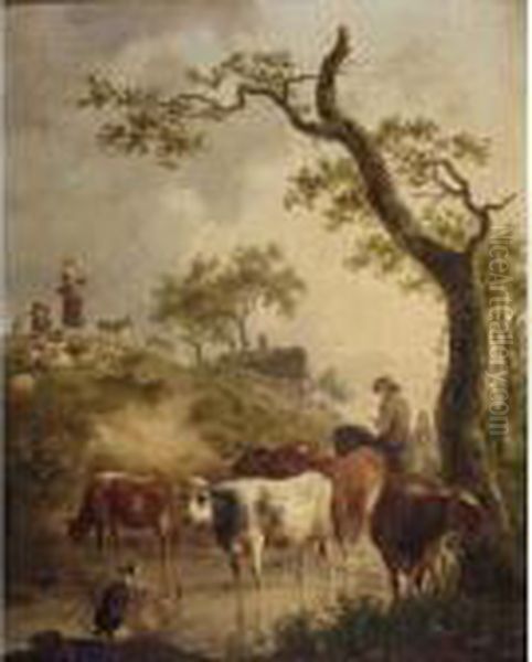 A Shepherd On A Horse And His 
Cattle Fording A Stream, With Shepherds And Their Flock On A Hill Nearby Oil Painting by Jean-Baptiste De Roy