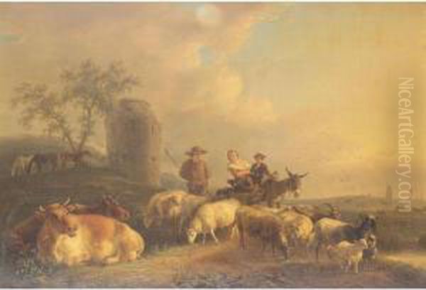 Dutch Landscape With Drover And Sheep Oil Painting by Jean-Baptiste De Roy