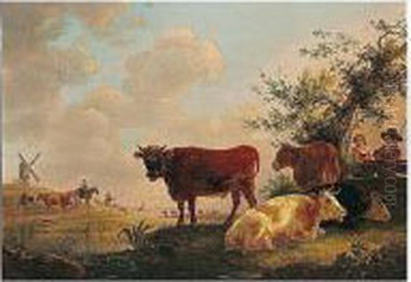 A Pastoral Landscape With Figures And Cattle By A River, A Windmill And Drovers Beyond Oil Painting by Jean-Baptiste De Roy