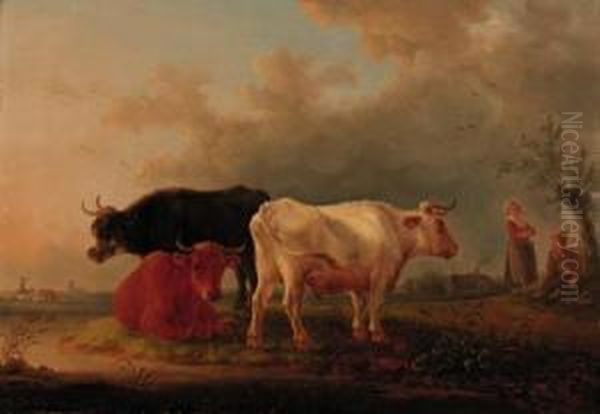 Cattle On A River Bank, Drovers 
Conversing Beyond; And Cattle Andsheep On A River Bank, A Farmstead, 
Shepherd And Travellerbeyond Oil Painting by Jean-Baptiste De Roy