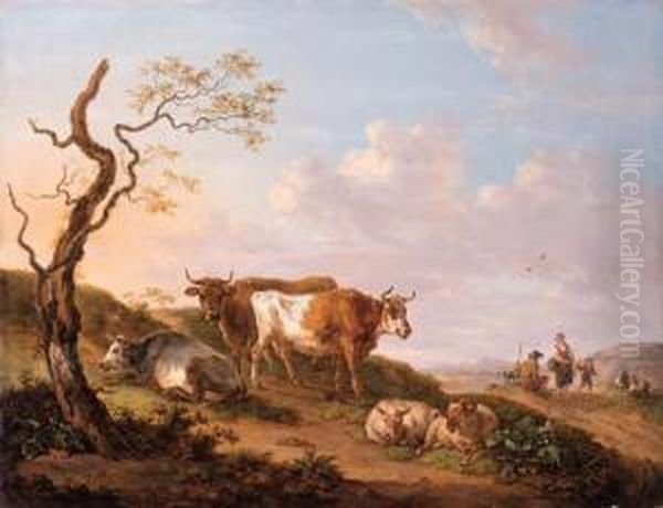 Cows And Sheep By A Broken Tree On The Verge Of A Road, A Shepherdfamily Beyond Oil Painting by Jean-Baptiste De Roy