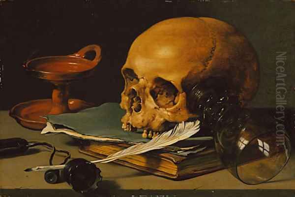 Still Life with a Skull and a Writing Quill 1628 Oil Painting by Pieter Claesz.