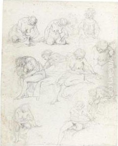 Sheet Of Studies Of Nude Young Women Oil Painting by Augustin de Saint-Aubin