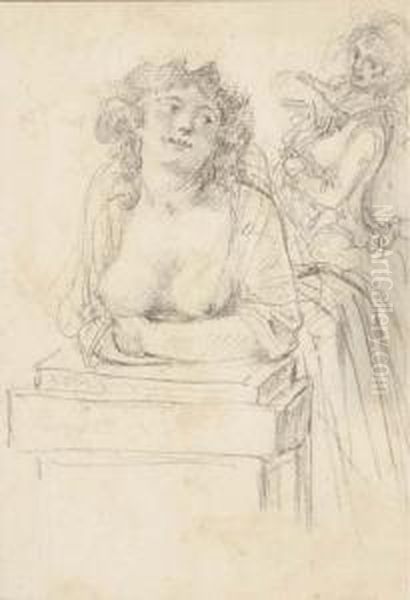 A Bare-breasted Woman Leaning Over A Pedestal, Another Woman In Thebackground Oil Painting by Augustin de Saint-Aubin