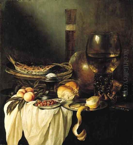 A dish of salmon cooked with herbs, a roemer of wine, a silver salt, a roll, wild strawberries in a Delftware bowl, a partly peeled Oil Painting by Pieter Claesz.