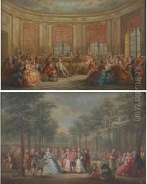 Scenes De Rejouissances Dans Un 
 Parc Et Dans Un Interieur Oil Painting by Gabriel De Saint Aubin