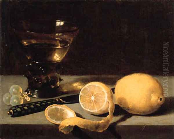 A lemon, a partly peeled lemon, grapes, a roemer and knife on a stone ledge Oil Painting by Pieter Claesz.