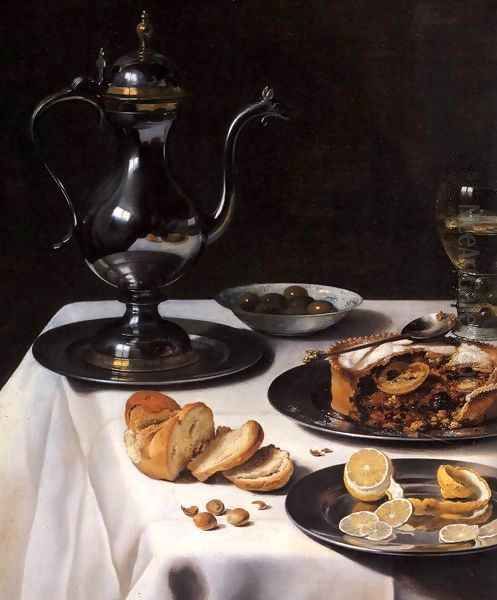 Still life with Turkey Pie (detail) 1627 Oil Painting by Pieter Claesz.