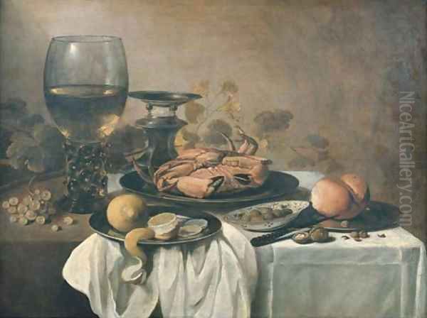 A crab on a pewter plate, a roemer, a partly-peeled lemon on a pewter platter, a bowl of olives, a bread roll and a knife on a pewter plate with grape Oil Painting by Pieter Claesz.