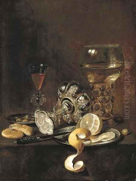 A giant roemer, an upturned goblet, a glass, bread, a knife and a partly-peeled lemon on a platter, on a table Oil Painting by Pieter Claesz.