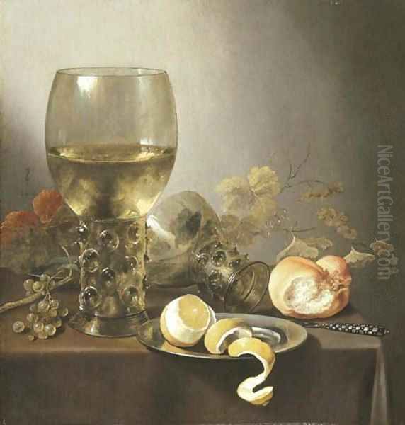 A giant roemer, an upturned roemer, grapes on the vine, a roll of bread, a knife and a partly-peeled lemon on a platter on a draped table Oil Painting by Pieter Claesz.