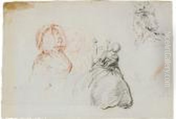 A Sheet Of Studies, A Seated Female Figure And Various Head Studies Oil Painting by Gabriel De Saint Aubin