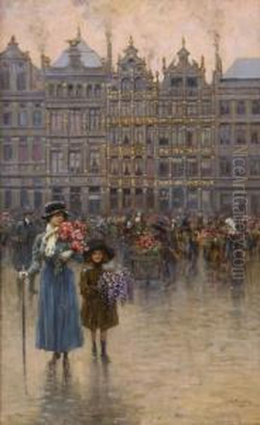 Mercato Di Fiori A Bruxelles Oil Painting by Giuseppe De Sanctis