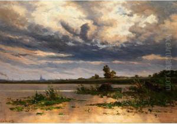 Schilfufer-landschaft Mit Anliegendenkahnen Und Blick Auf Eine Stadt Oil Painting by Edmond De Schampheleer