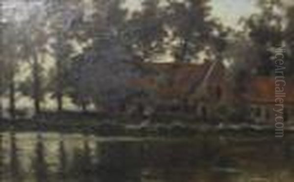 Ferme Animee Au Bord De L'eau Oil Painting by Edmond De Schampheleer