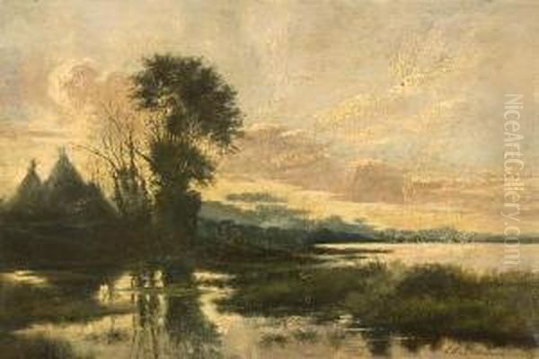 Dusk River Landscape Oil Painting by Edmond De Schampheleer