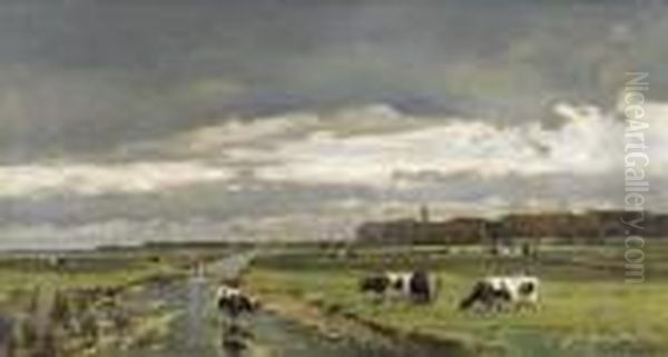 Landschaftspartie Mit Kuhen In Der Ebene. Oil Painting by Edmond De Schampheleer