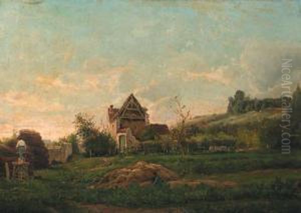 Peasants At Work By A Farm In A Valley In Summer Oil Painting by Edmond De Schampheleer