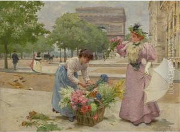 A Flower Seller On The Champs-elysees Oil Painting by Louis De Schryver