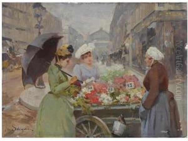 The Flower Market At The Madeleine Oil Painting by Louis De Schryver