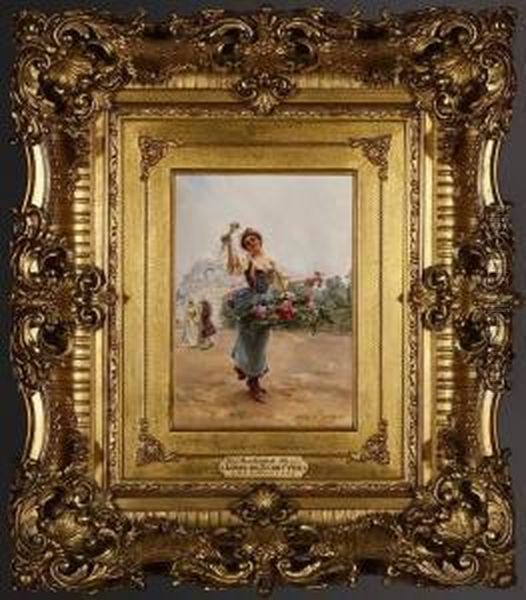 Flower Vendor Oil Painting by Louis De Schryver