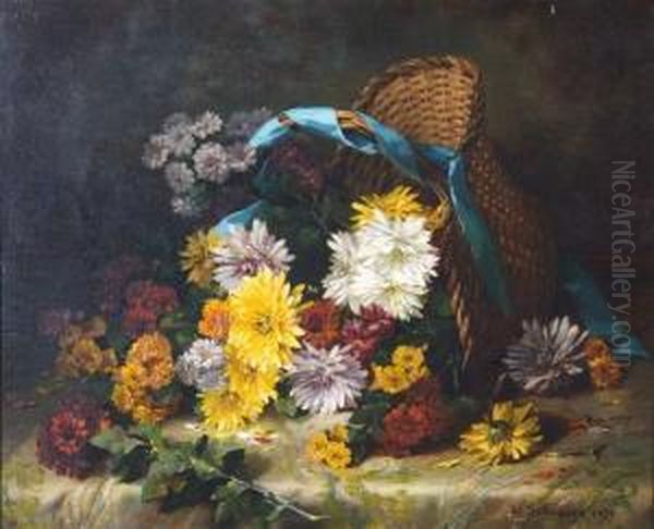 An Upturned Ribbon Tied Pannier Of Chrysanthemums Oil Painting by Louis De Schryver