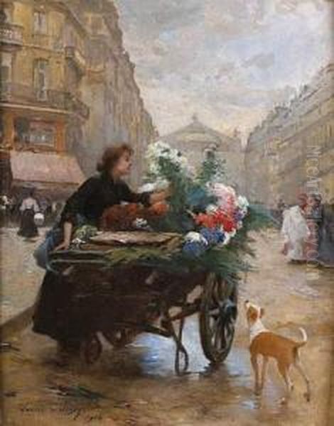 Marchande De Fleurs, Avenue De L'opera Oil Painting by Louis De Schryver