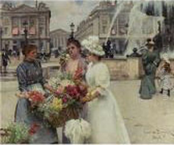 A Flower Seller At The Place De La Concorde Oil Painting by Louis De Schryver