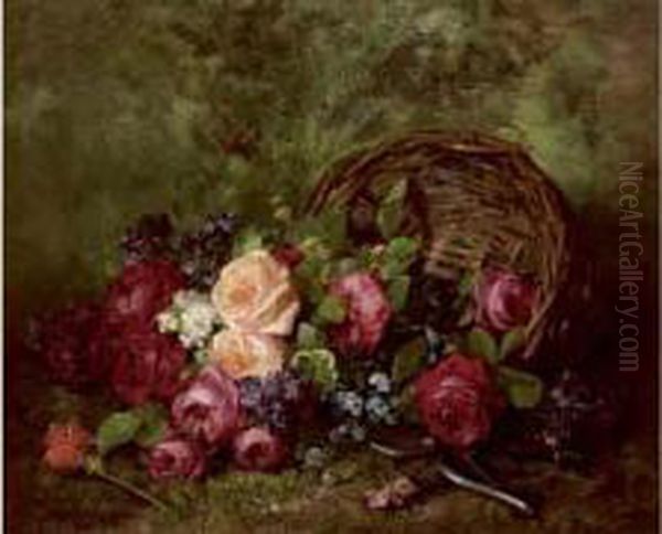 Bouquet De Roses Dans Un Panier Oil Painting by Louis De Schryver