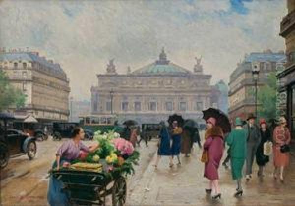 French Street Flower Market Oil Painting by Louis De Schryver