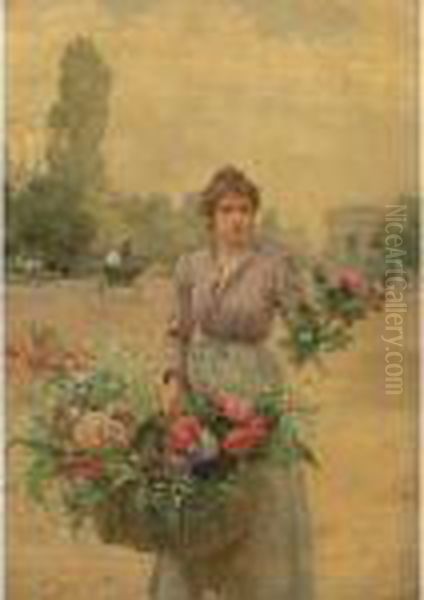 A Flower Seller Near The Arc De Triomphe Oil Painting by Louis De Schryver