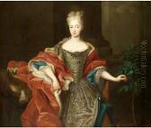 Portrait Of A Lady, 
Three-quarter Length, Wearing An Embroidered Dress And An Ermine Lined 
Red Cloak Oil Painting by Louis de Silvestre