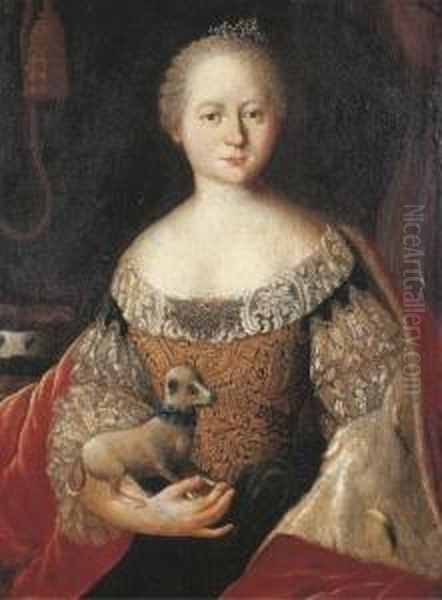 Portrait Of A Lady, Seated 
Half-length, In A Gold Brocade Dresswith Lace And A Red Velvet Wrap 
Lined With Ermine, Holding Her Petdog, A Curtain In The Background Oil Painting by Louis de Silvestre