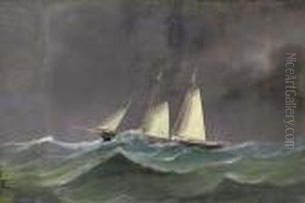 A Racing Schooner Under Reduced Sail At Sea Oil Painting by Atributed To A. De Simone